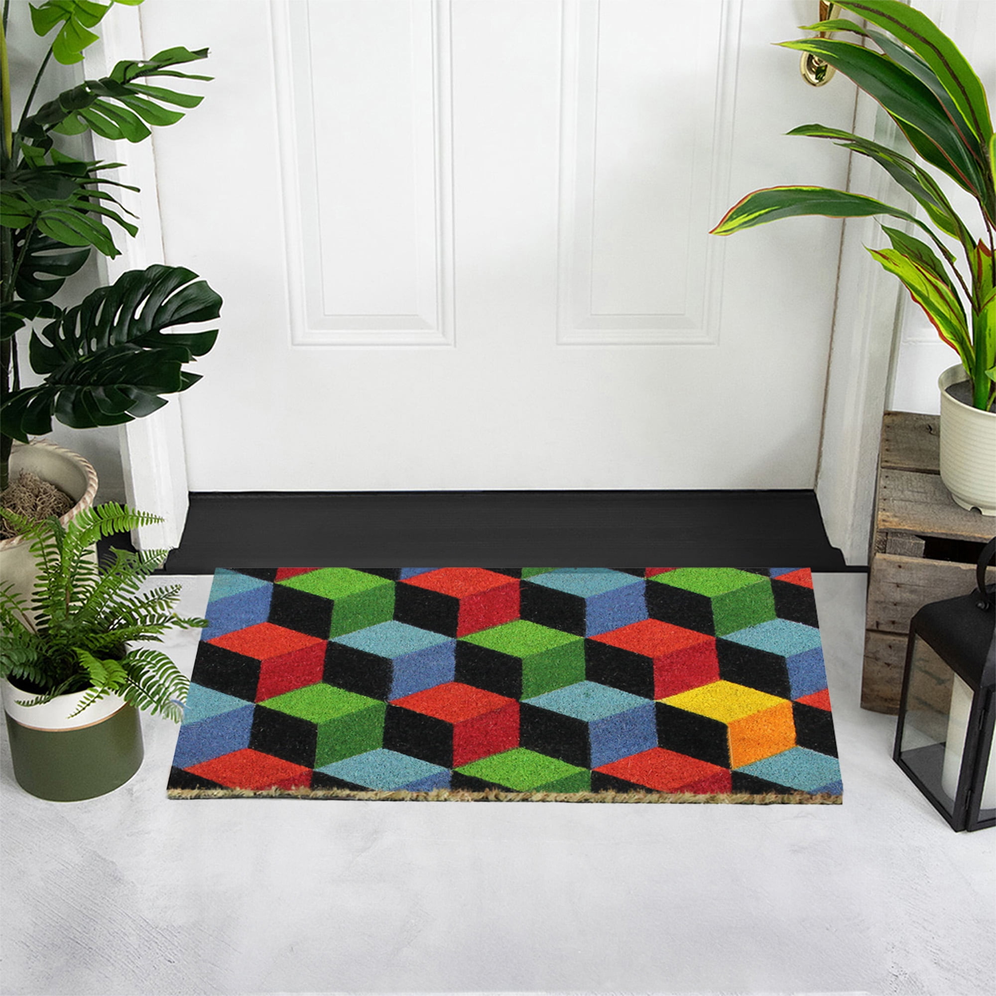 Multi-Color Cube Coir Outdoor Rectangular Door Mat 29.5" x 18"