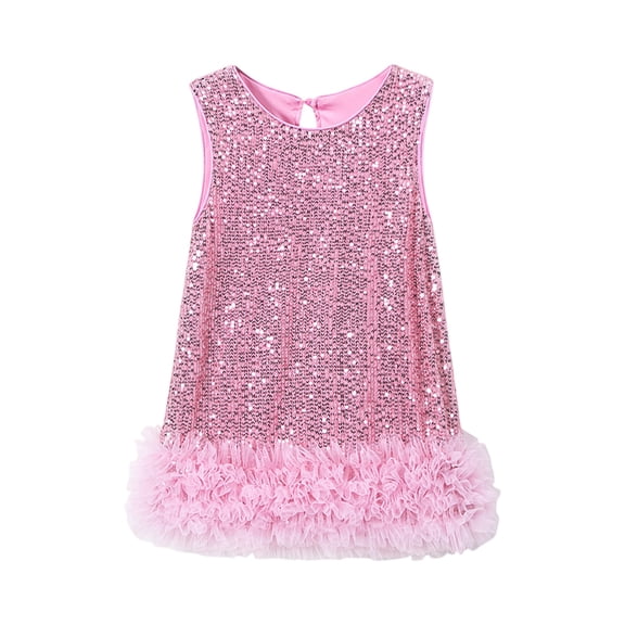 CCRFTGI Dresses for Girls Sequin Mini Birthday Wedding Sleeveless 2026 Summer Dress Trendy New Year Fancy Dress for Girls Pink 5-6 Years
