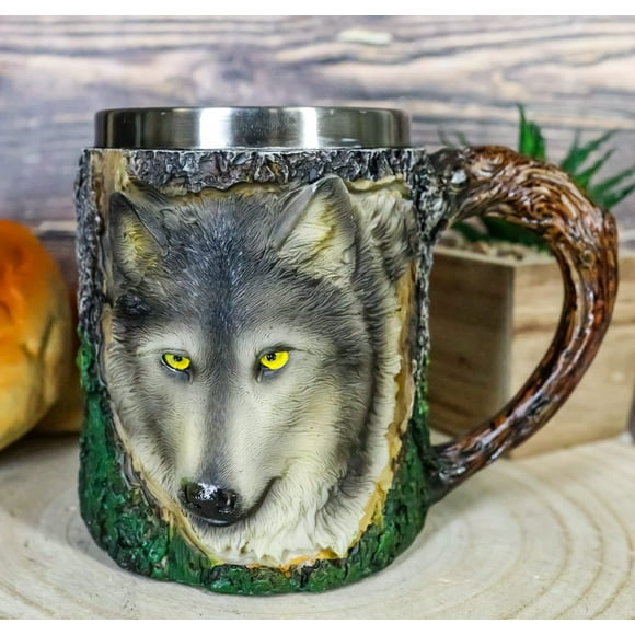 Ebros Totem Spirit Alpha Loup Gris Tasse Texturée avec Design Rustique d'Écorce d'Arbre en Couleurs Vives 12oz Boisson Animal Timberwolf Chope de Bière Stein Tankard Café