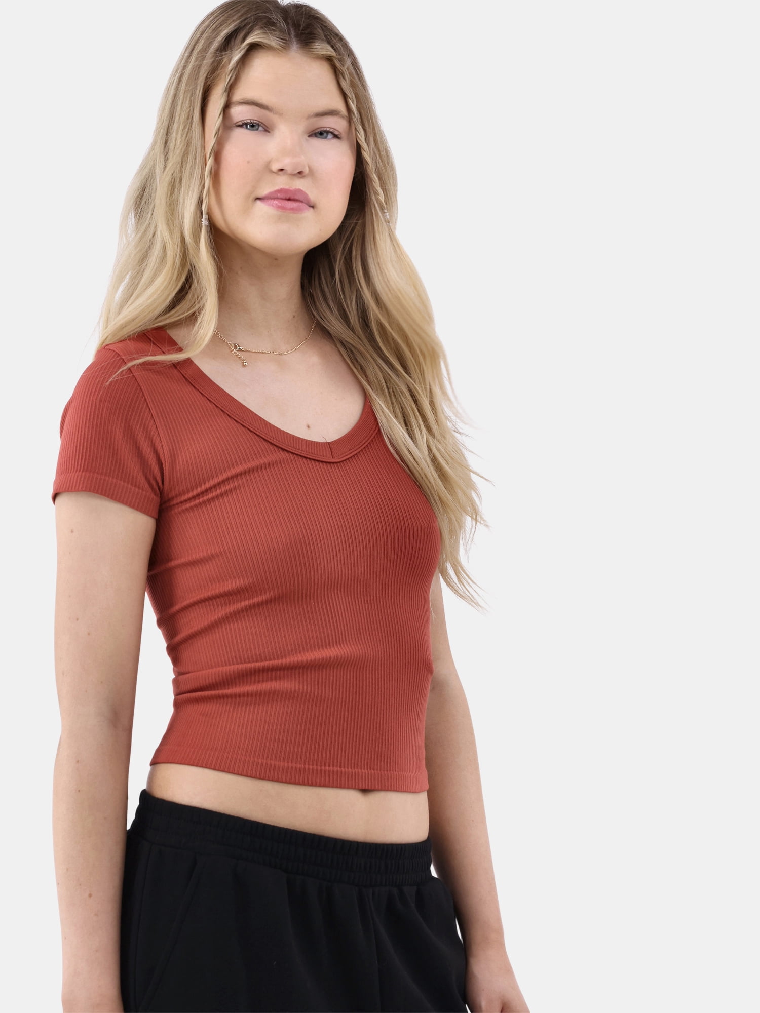No Boundaries Seamless V-Neck Tee, Women's and Women's Plus