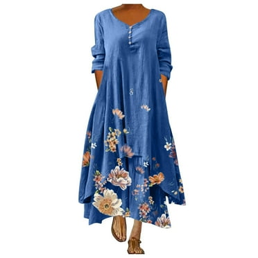 Blue Dresses for Women Long Sleeve Printing Floral Pattern Holiday Dress V-Neck Loose Fit Trendy Vacation Casual Sun Dress Maxi Fashion Daily Gown Blouse Ruched Swing Hem Dress,M