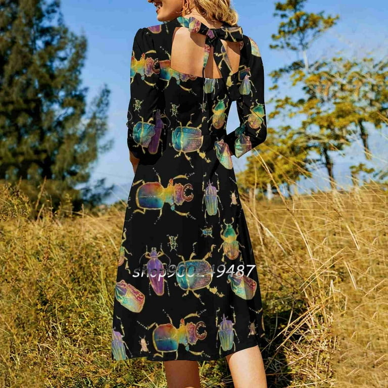 Beetles Square Neck Dress Cute Loose Print Dresses Elegant Beach Party Dress Space Stars Beetles Beetle Bug Insect Galaxy