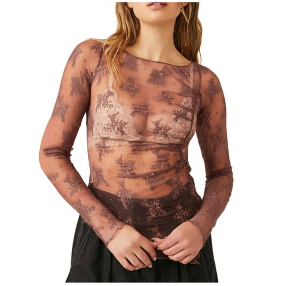 Lace Mesh Sheer Long Sleeve Tops for Women Layering Floral Embroidery See Through Tee Fitted Tight T Shirts Blouses Brown L
