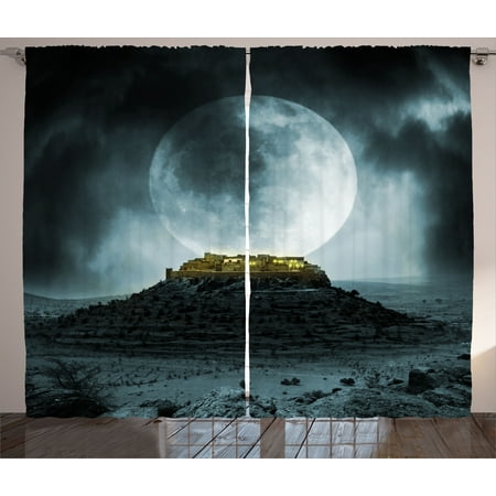 Round Clouds Black Two Light Night Sky Curtains 2 Panels Set, Big Full Moon over a Fantasy Castle on Hill Clouds Rocks Valley View, Window Drapes for Living Room Bedroom, 108W X 84L Inches, Green Black Slate Blue, by Ambesonne ()