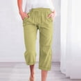 thumbnail image 2 of Moxiu Women Summer Pants Capri Pants for Women Casual 2025 Drawstring Elastic High Waist Linen Pant Straight Wide Leg Cropped Trouser Green,XXXXXL, 2 of 5