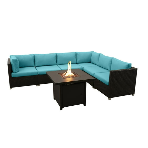 Innesbrook Collection Ensemble de conversation de patio en aluminium 7 pièces avec coussins aquatiques et table à feu carrée