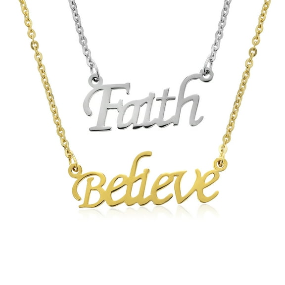Gem Stone King Stainless Steel and Yellow Plated Faith and Believe Double Necklace Set 16 inches Chain