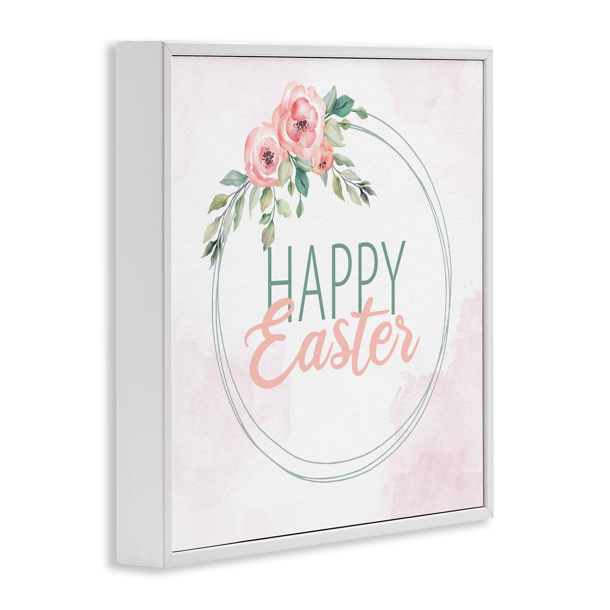 Happy Easter Round Floral Border Pastel Pink Design White Framed Giclee Art, 12 x 12, By Kim Allen
