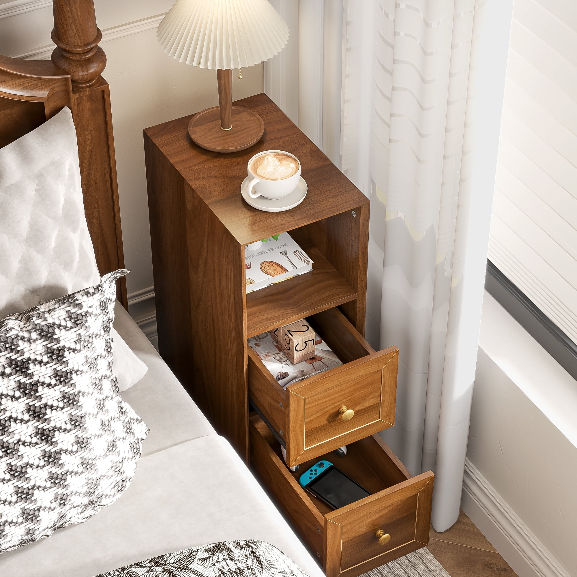 Narrow Nightstand Set of 2, Small 2 Drawer Nightstand, Skinny Vintage End Table, Mid Century Modern Night Stand for Living Room, Bedroom, Walnut