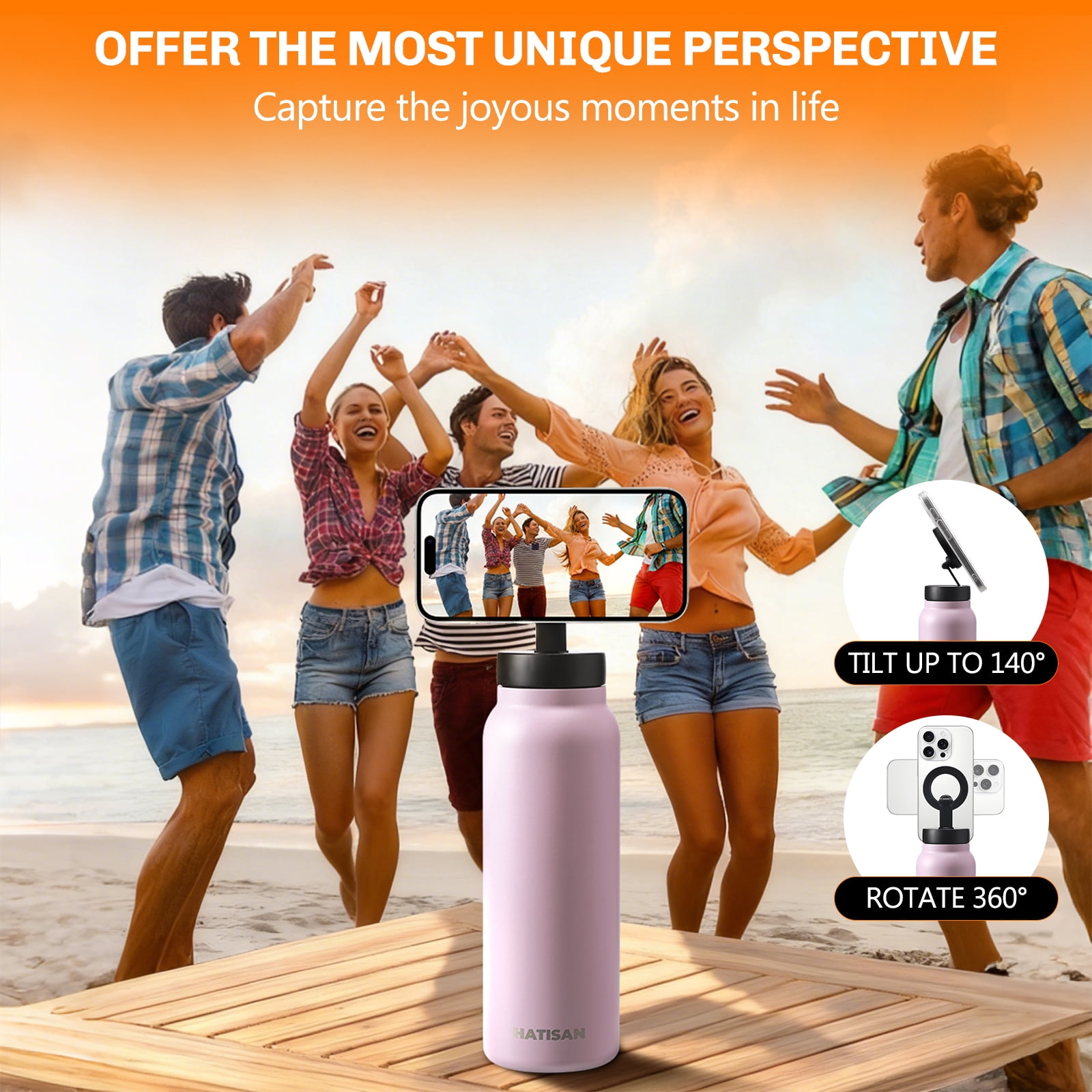 Hatisan 24 oz Insulated Water Bottle, Magnetic Stainless Steel Water Bottle, with Mobile Phone Holder Tripod, Hot for 12H, Cold for 24H(Purple)