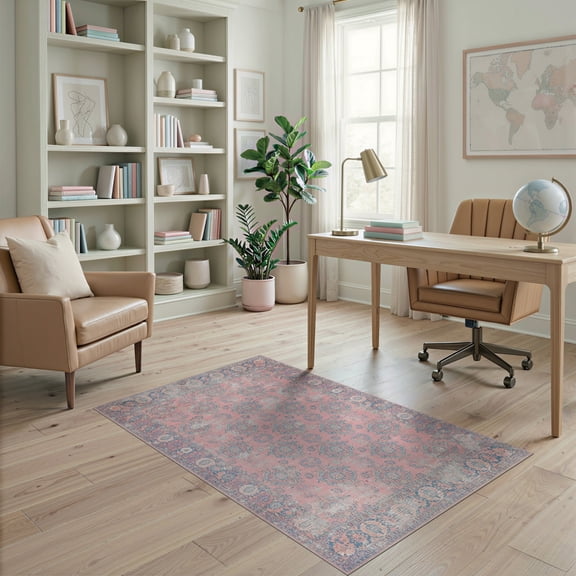 ODIKA 4'x6' Oushak Floral Medallion With Distressed Vintage Allover Boho Motif Washable Area Rug None for Dorm Room, Small Living Stain Resistant Low Profile, Easy Care