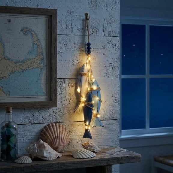 Clearance Lighted Coastal Wooden Starfish & Fish Hanging Decor, 23.2 in Beachy Wall Decor with Warm LEDs & 8 Lighting Modes, Coastal Nautical Hanging Decor for Bathroom, Porch & Beach House