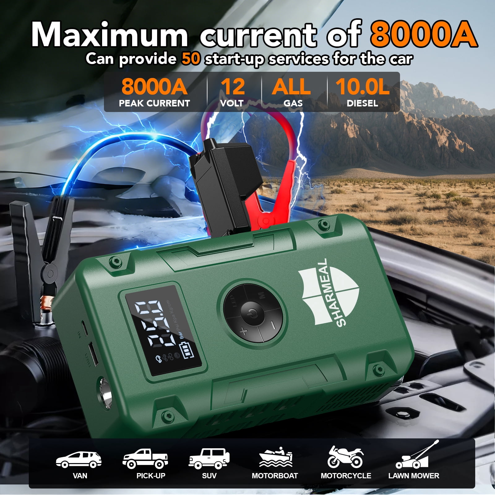 Sharmeal Jump Starter with Air Compressor, 8000A 160PSI Car Jump Starter Battery Pack (ALL Gas/10.0L Diesel), 12V Car Battery Jump Starter