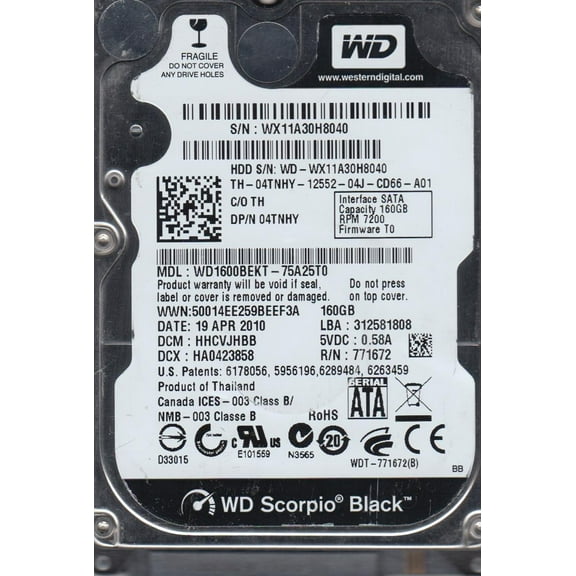 WD1600BEKT-75A25T0, DCM HHCVJHBB, Western Digital 160GB SATA 2.5 Hard Drive