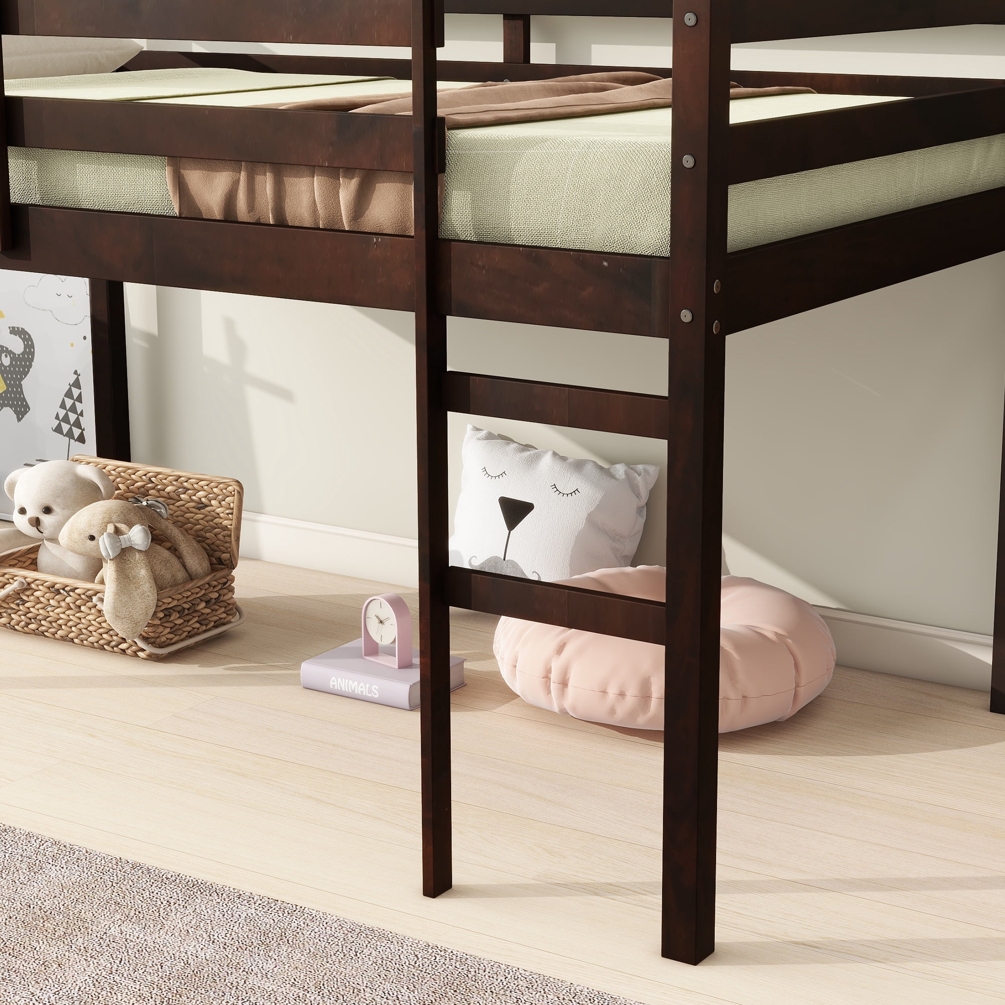 Alvantor Twin Size Kids Loft Bed with Stairs and Espresso Finish