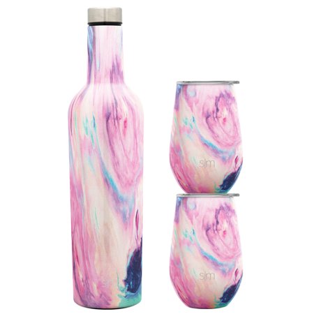 Simple Modern Spirit Wine Bundle - 2 12Ounce Wine Tumbler Glasses with Lids & 1 Wine Bottle - Vacuum Insulated 18/8 Stainless Steel Pattern: Opal Tide