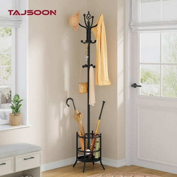 Coat Rack Stand with Umbrella Holder, Coat Tree Freestanding with 16 Hooks, Coat Hangers Stand for Living Room, Bedroom, Office, Black
