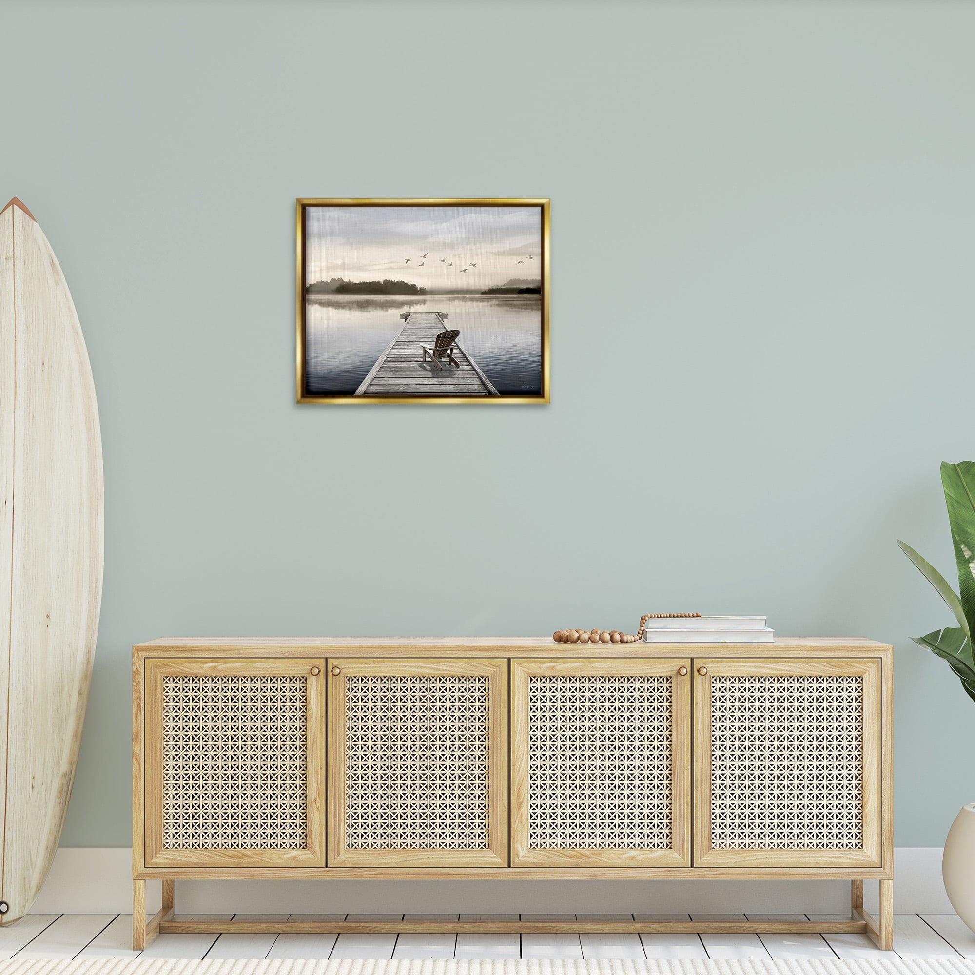 Stupell Industries Beach Chair on Dock Landscape Painting Gold Floater Framed Canvas Art Print Wall Art, 31 x 25