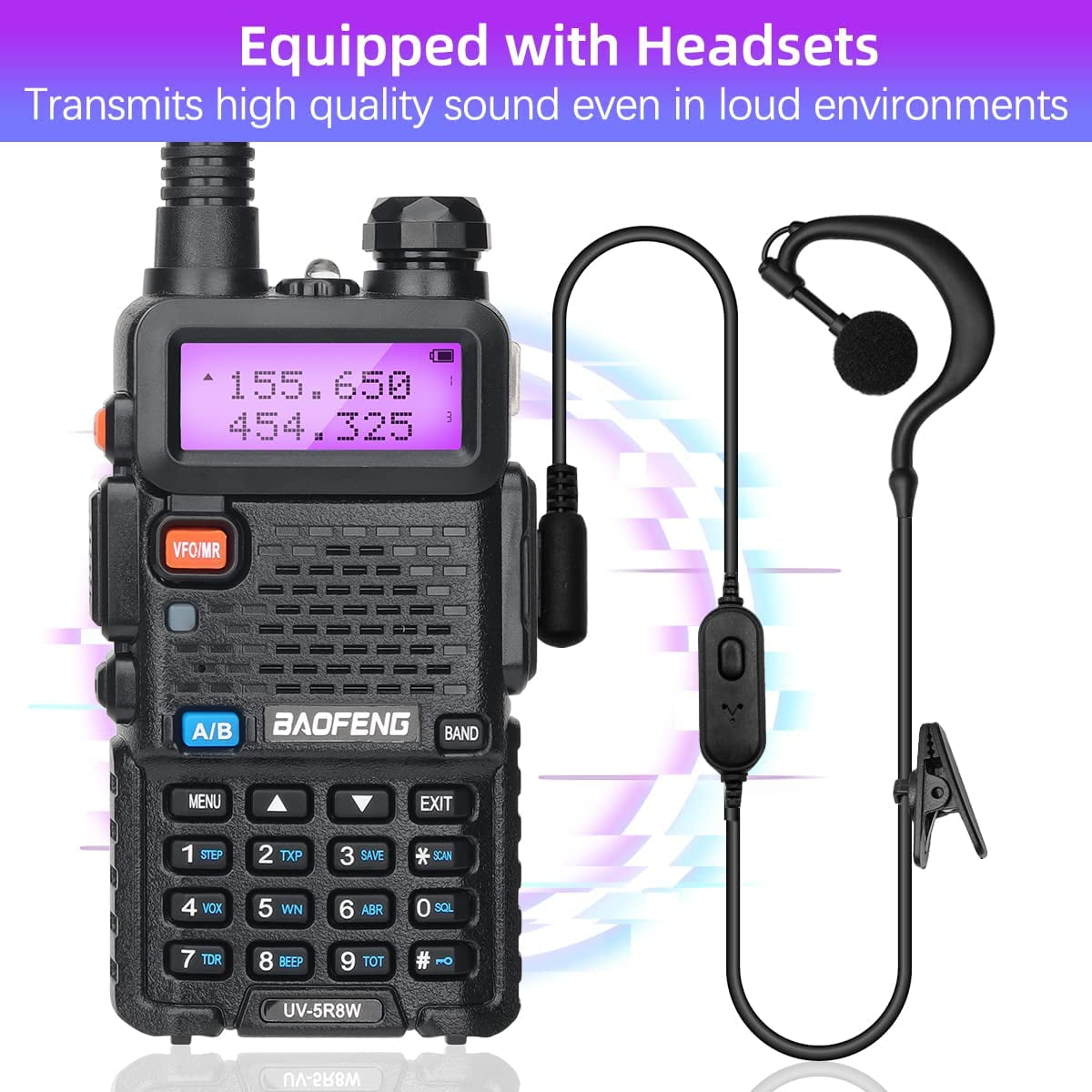 UV-5R 8W Jambon Radio Walkie Talkie Walkie Longue Portée Rechargeable  1800mAh Batterie Li-ion avec Antenne 771, Noir 2 Pcs