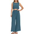 thumbnail image 1 of Conjunto informal de dos piezas para mujer con cuello redondo, sin mangas, cintura alta y pernera ancha - Top con dobladillo elástico - Pantalones de corte holgado - Versátil para looks informales, 1 of 4