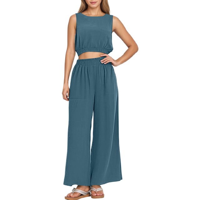 Conjunto informal de dos piezas para mujer con cuello redondo, sin mangas, cintura alta y pernera ancha - Top con dobladillo elástico - Pantalones de corte holgado - Versátil para looks informales