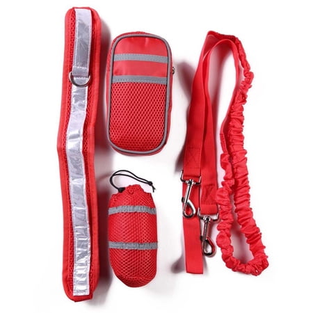 Adjustable Reflective For Dog Cat Running Jogging Night Safety Padded Dogs Harness Pet Collar Waist Bag Dog Leash Traction Belt Rope RED