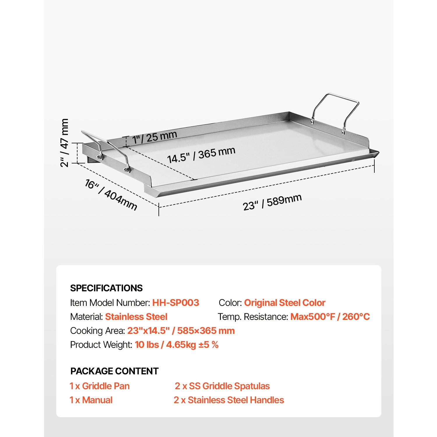KFFKFF Griddle in Stainless Steel, Dimensions 23x16 inch, Flat Rectangular Plate, Suitable for BBQ Grill, Teppanyaki, Compact and Portable Cookware with Handle, Ideal for Camping