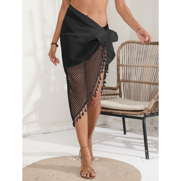 Chrishion Women’s Sheer Chiffon Sarong Cover Up Skirt – Fishnet Fringe Beach Wrap for Bikini Swimsuit, One Size,Black