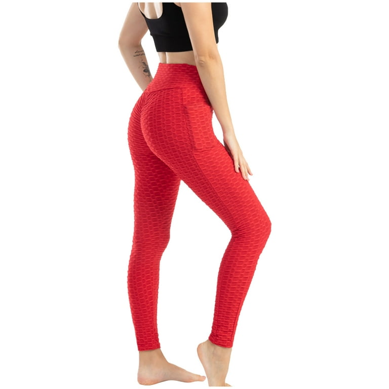 Hfyihgf Anti-Cellulite Leggings for Women with Pockets High Waist Butt  Lifting Leggings Workout Textured Scrunch Yoga Pants(Red,M)