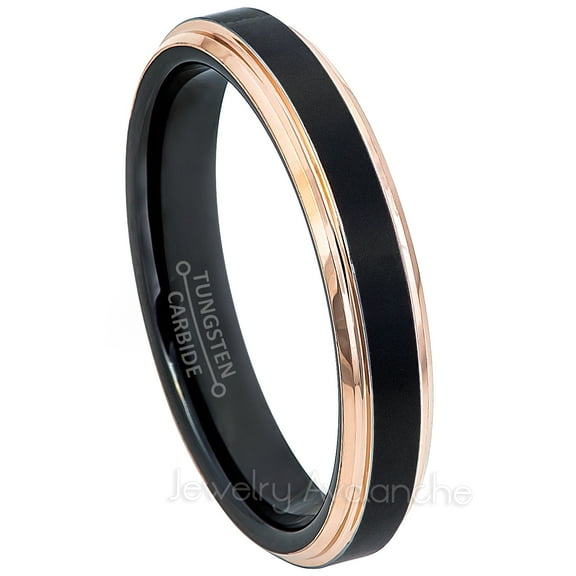 2-Tone Tungsten Wedding Ring - Band for Mens & Womens- 4mm Stepped Edge Tungsten Ring - 2-Tone Black & Rose Gold Tungsten Band
