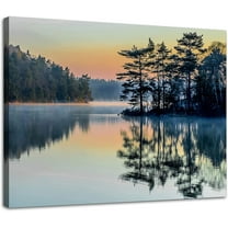 Forest Canvas Wall Art Print Green Forest with Lake Reflection Nature Wilderness Photography Modern Art Rustic Scenic Colorful Picture Artwork Wood Framed Wall Art Easy to Hang Size12 x16