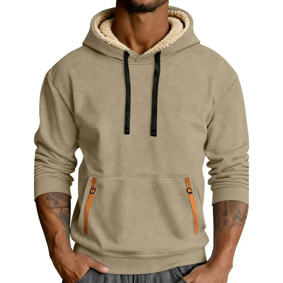 Afuyipoi Hoodie for Men,Warm Fleece Winter Pullover Sweatshirts Beige 2XL