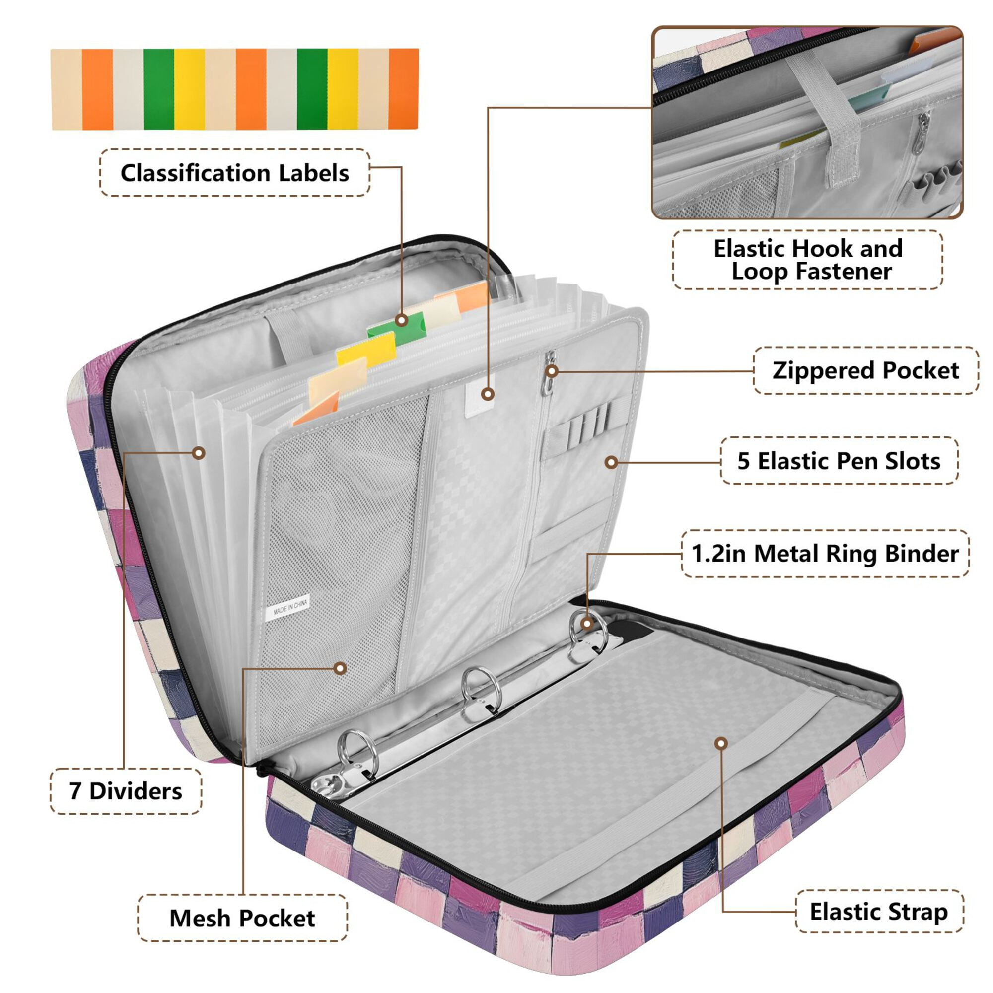 FORMRS Accordion File Folder A4 Size 7-Pocket Expanding Document Organizer Bag with 3 Ring Binder, Pink and Purple Plaid Pattern