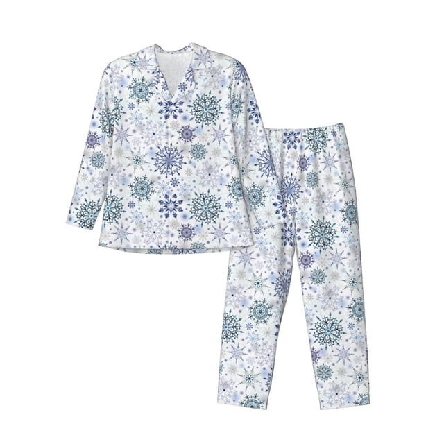 Balery Retro ice blue snowflakes Pijama para Hombre de Dos Piezas con Manga Larga, Conjunto de Dormir y Descanso Suave con Bolsillos-Large