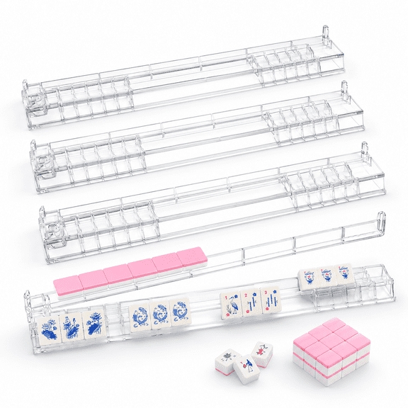 4 Pack Clear Mahjong Racks with Pushers, Acrylic American Mahjong Tile Holders with Non-Slip Base, Tile Racks for Mah Jongg Games and Game Night