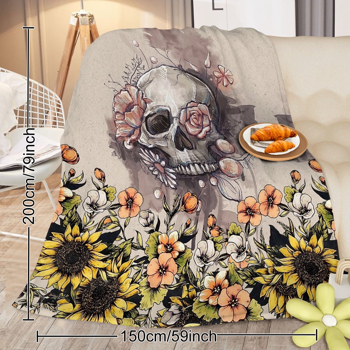 Rustic Skull Sunflower Flannel Fleece Blanket Floral Skull Flannel Soft Plush Throw Blanket Cozy Blankets for Bed Chair Car Sofa Couch Bedroom, 130*150cm