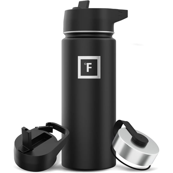 IRON °FLASK Camping & Hiking Hydration Flask, Wide Mouth, 3 Straw Lids, Stainless Steel Outdoor Water Bottle, Double Walled, Insulated Thermos, Metal Canteen- Midnight Black, 18 oz