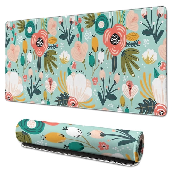 Fleurs de Dessin Animé avec Fond Vert Tapis de Souris Imperméable, Caoutchouc+multispandex Tapis de Souris Antidérapant pour Bureau Maison Jeu 31.5x15.7 Pouces
