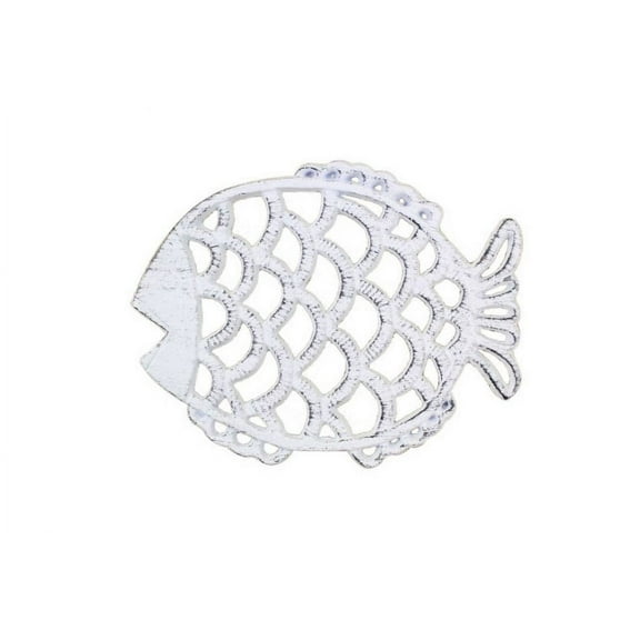 Rustic Whitewashed Cast Iron Big Fish Trivet 8" - Sea Life Decor - Beach Decor