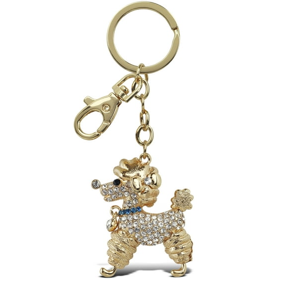 Aqua79 Stylish Poodle Dog Keychain - Gold 3D Sparkling Charm Rhinestones Fashionable Stylish Metal Alloy Durable Key Ring Bling Crystal Jewelry Accessory with Clasp for Key Chain, Purse, and Backpack
