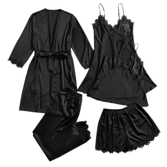 Hrsba Women's Pajama Set Solid Color Satin Like Lace Camisole Shorts Pants Robe 5-Piece Sleepwear