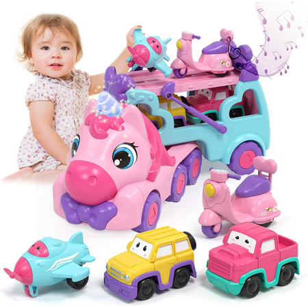 Toddler Girl Toys, Toy Cars for Girls with Lights & Music, 1 2 3 Year Old Girl Toys, Unicorn Toys, Car Carrier Truck Toy