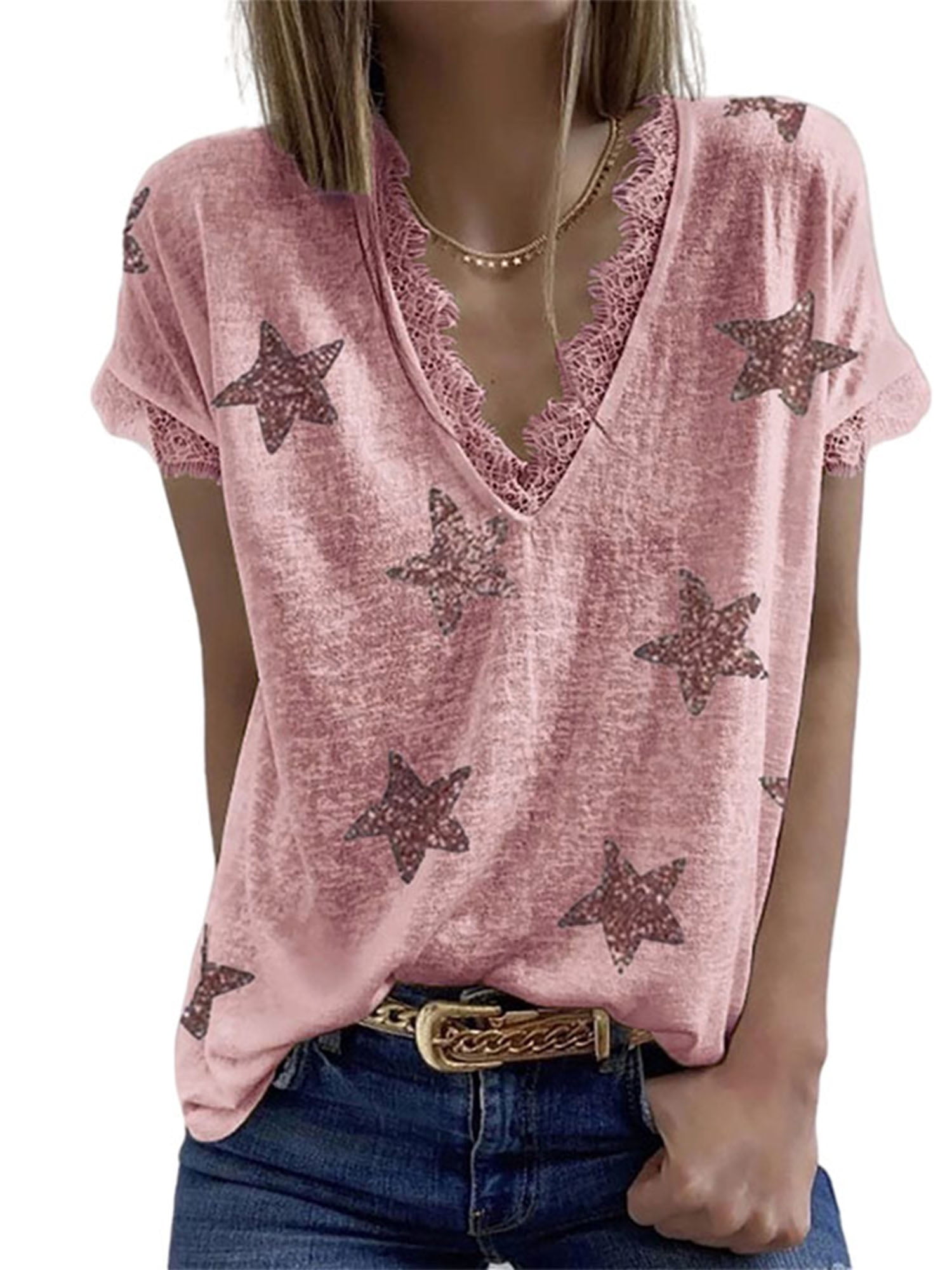Womens Lace Sequins Pullover Loose T Shirt Casual Tee Ladies Blouse V neck Tops