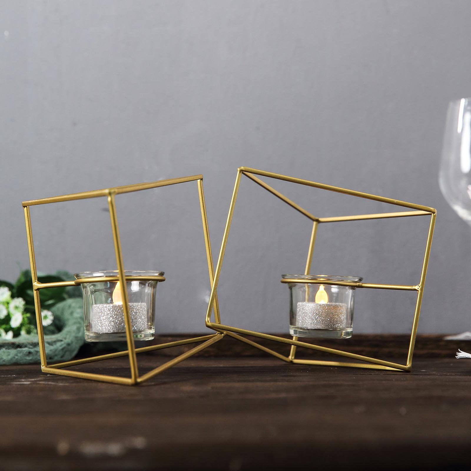 Efavormart 9" Gold Geometric Candle Holder Set 2 Metal Geometric