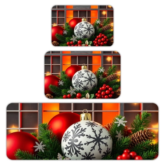 RKSupls Kitchen Rug Set 3 Piece Anti-Slip Flannel Floor Mats, Christmas Ornaments Pine Washable Absorbent Runner Mats for Kitchen Bathroom Home Decor