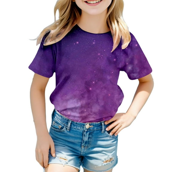 Toddler Girls Tops & T-Shirts Summer 3D Galaxy Print Glitter Fashion Starry Sky Round Neck Short Sleeve Carnival Tshirts Holiday Wear,Purple,3-4 Years