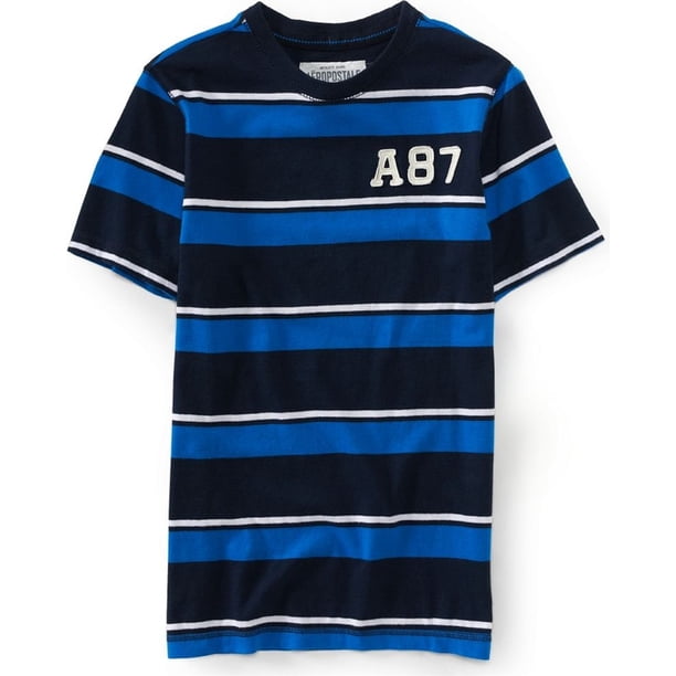 Aeropostale - Camiseta gráfica con cuello en V y rayas A87 para hombre, azul, extra pequeña Aeropostale Camiseta gráfica