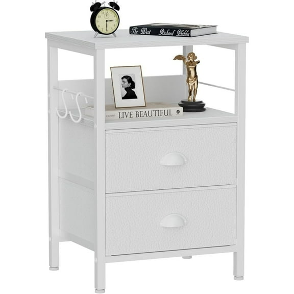 Nightstand with 2 Fabric Drawers, White Bedside Table with 2-Tier Shelf, Side Table with Hooks and Wood Top for Bedroom/Living Room/Hallway/White