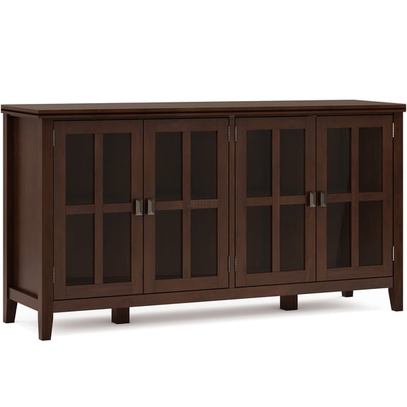 JERFIT 66" Wide 4-Door Storage Cabinet with Glass Doors, Solid Wood Bookcase, Dark Brown Finish for Living Room, Entryway, Dining Room or Office