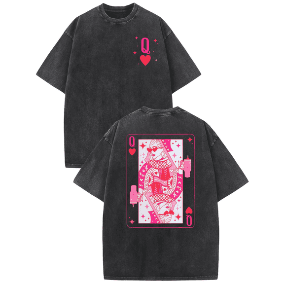 Queen Of Hearts Print Tshirt Washed Black Playing Card Graphic Tees Shirts S-2XL Street Tops